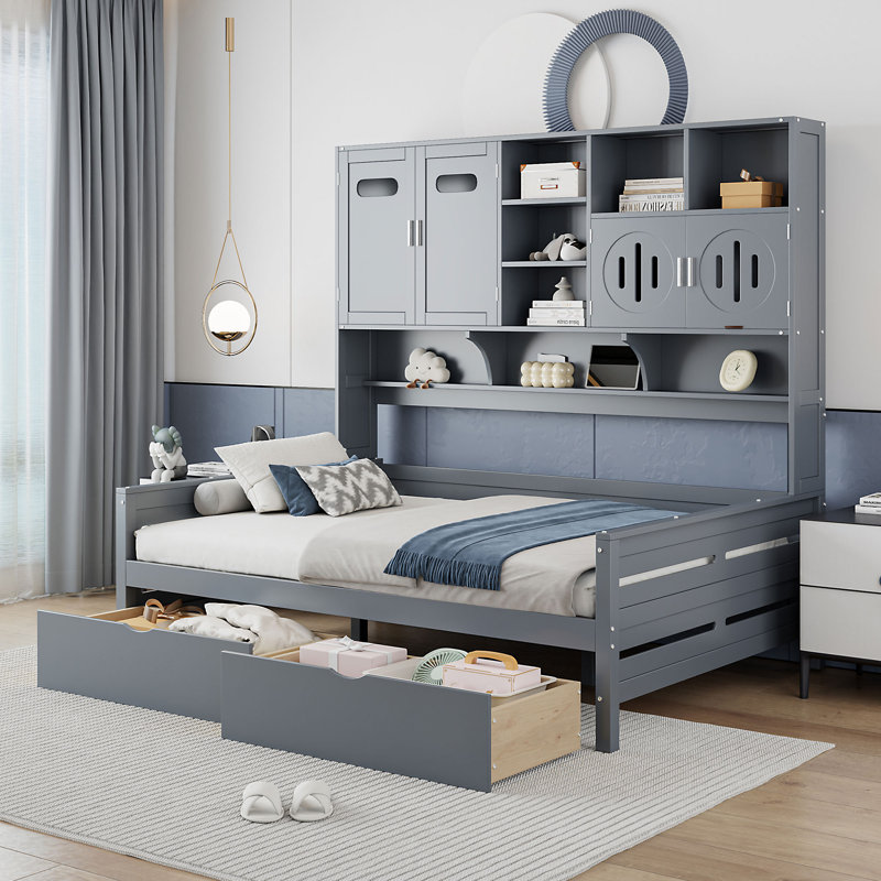 Lit de jour gris en bois avec lit gigogne et rangement, Gris