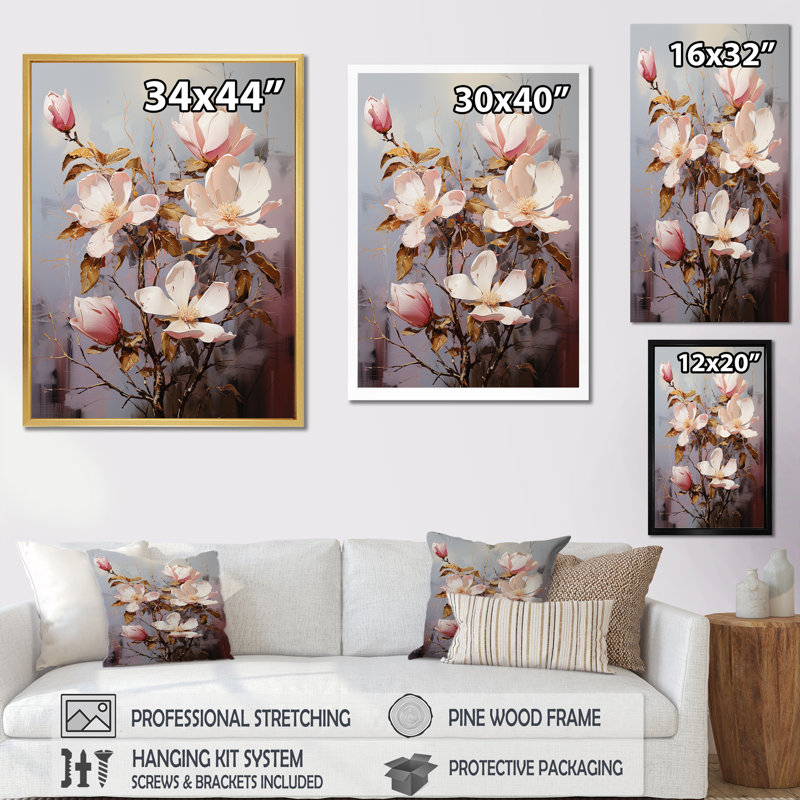Magnolias II d'extravagance dorée sur toile, H 32 po x l 24 po x P 1 po, Toile tendue