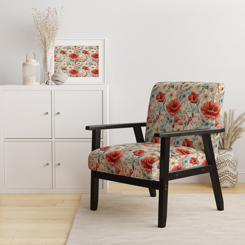 Chaise avec accoudoirs décoratifs rétro à motif victorien et velours éclectique rétro, Jardin épanoui intemporel corail