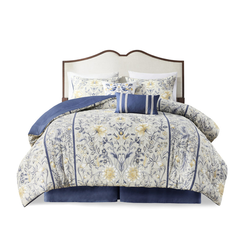 100% Cotton Comforter 6 Piece Queen, Blue And Yellow Botanical Print For Natural Sleep Rest Night Queen , With Pattern
