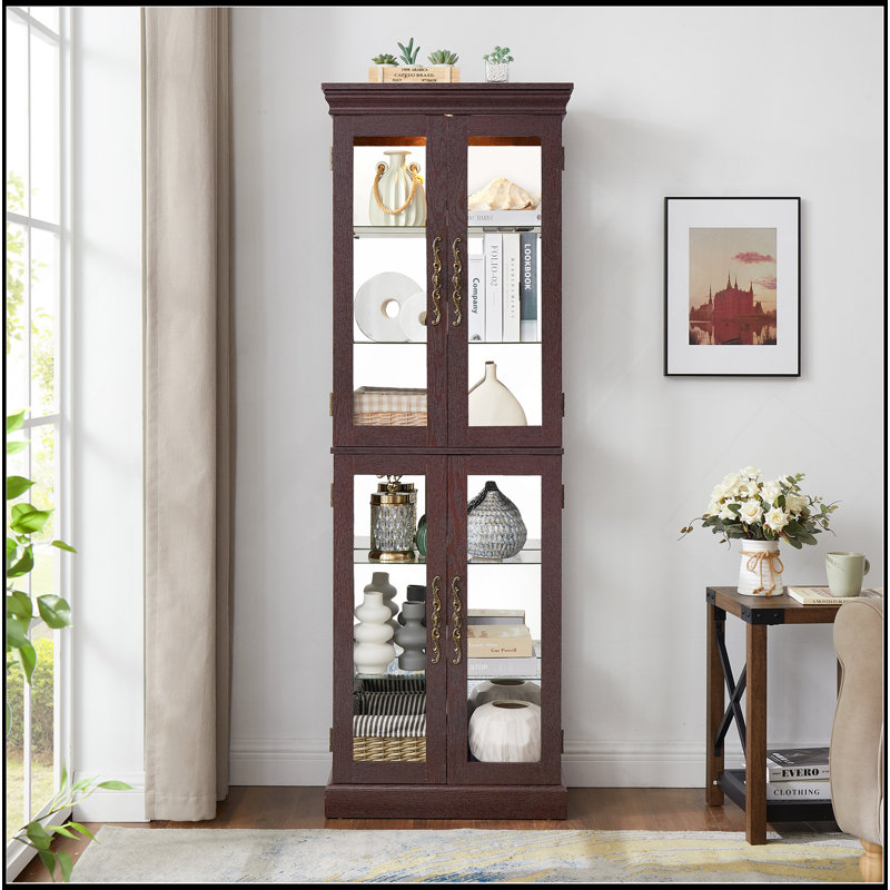 Illuminated Glass Curio Display Cabinet For Various Collections And Spaces, Cherry
