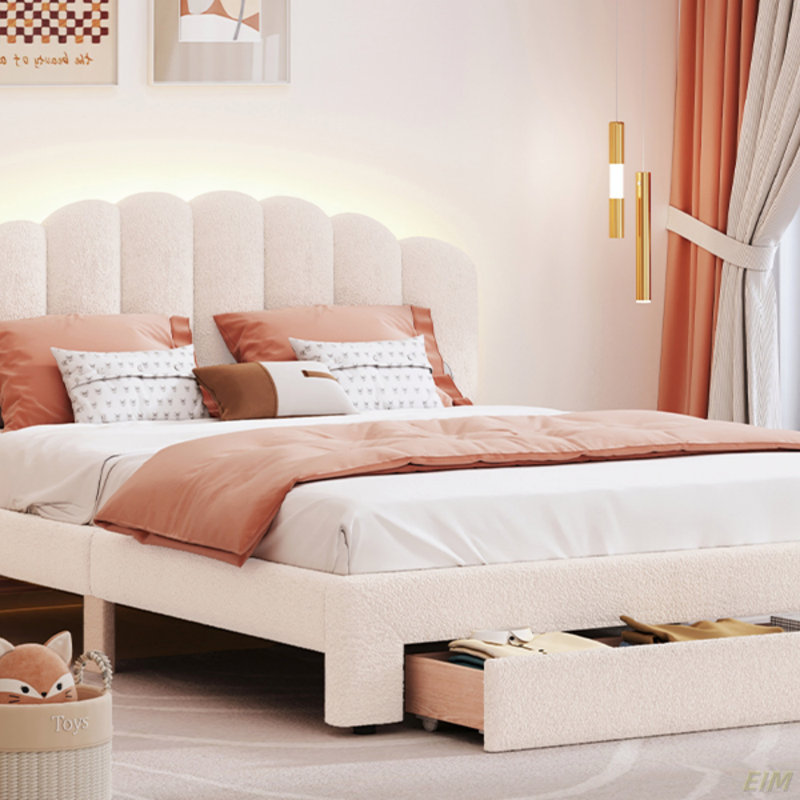Upholstered Bed Frame With LED Lights, Modern Upholstered Princess Bed With Crown Headboard (Bed), Beige, Queen