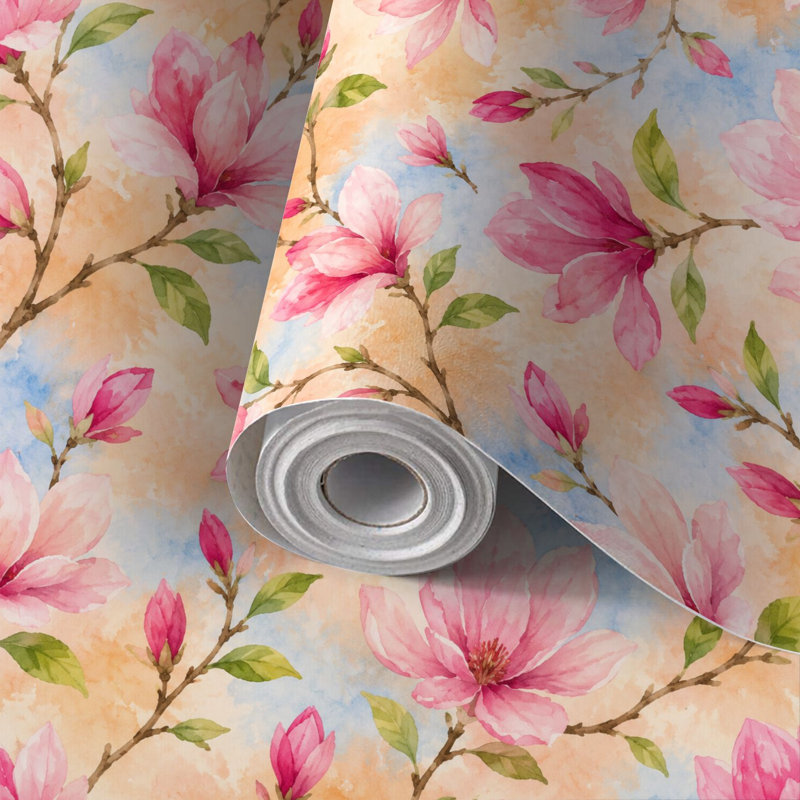 Papier peint auto-adhésif avec fleurs de magnolia rose auto-adhésif et amovible 17,7 po x 118 po (45 x 300 cm)
