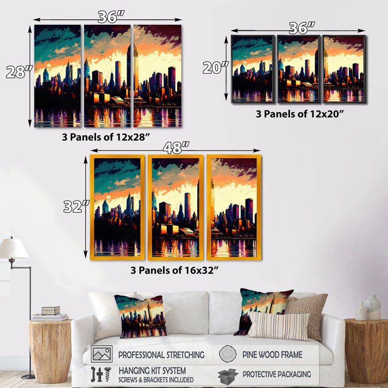 «New York City Skyline At Sunset», reproduction sur toile 3 pièces, H 20 po x l 36 po x P 1 po