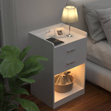 Brackett Plug-In Wood End Table with Storage Shelf 2 Drawers Nightstand Side Table Cabinet Bedside Furniture Wade Logan Color: White