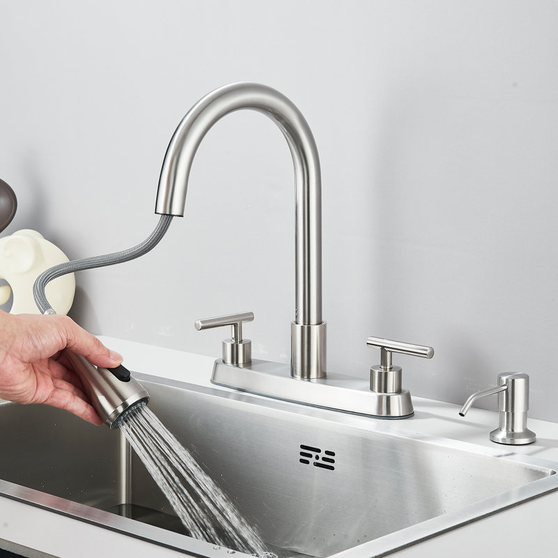 Brushed Nickle Kitchen Faucet with Soap Dispenser 8 Inch Dual Handle Pull-out Kitchen Faucet,High Arc Modern Sink Faucet for 3-4 Hole