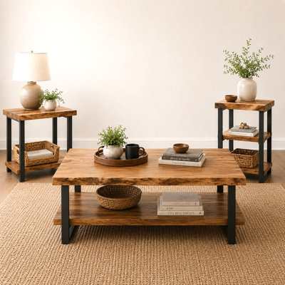 Alpine 3-Piece Living Room Table Set – 48" Live Edge Coffee Table with 27" 2-Tier End Table and 20" 3-Tier End Table