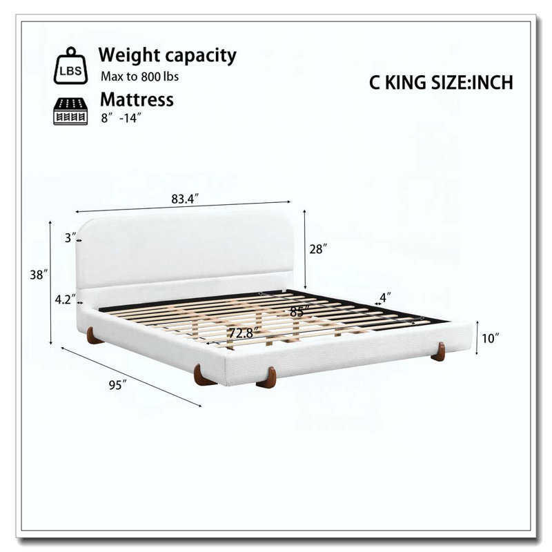 Solid Wood Legs Upholstered Bed Frame, California King, White Chenille