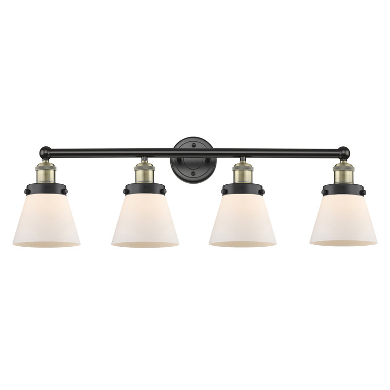 Éclairage pour meuble-lavabo de salle de bain 4 lumières Edison Cone, Blanc mat, Laiton antique noir