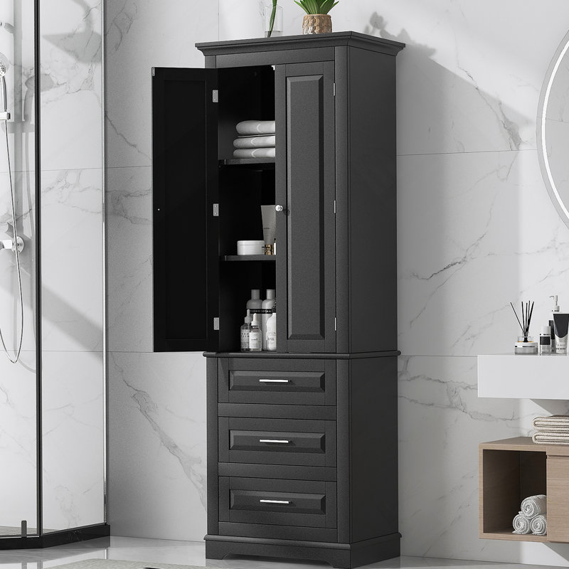 Tall Storage Cabinet With Three Drawers For Bathroom/Office, Black