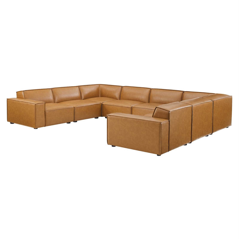 Tan Faux Leather 8-Piece Modular Reception Sofa with Ottoman