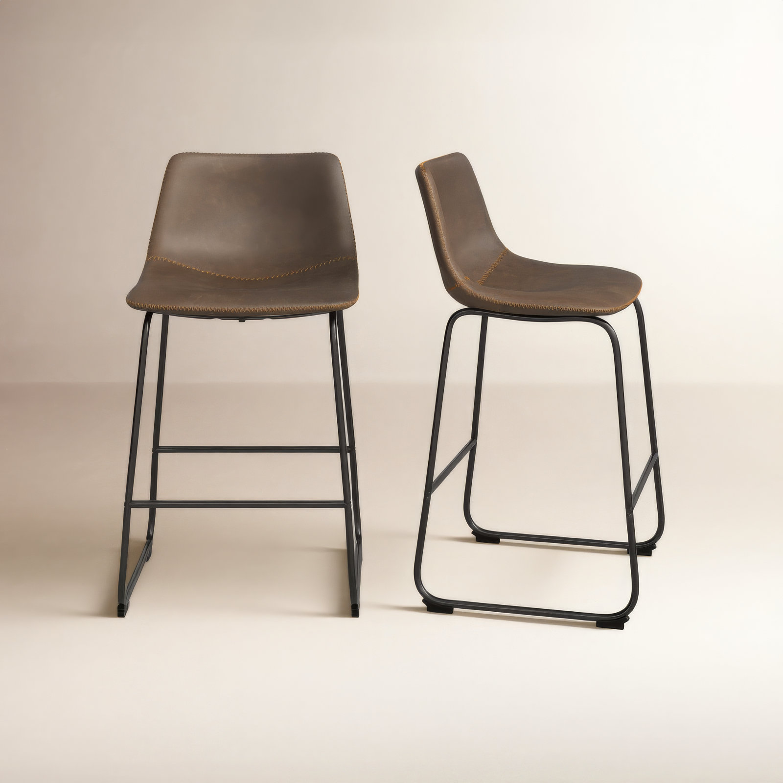 Nia Vegan Leather Bar & Counter Stool, Brown Distressed, Counter Stool (24" Seat Height), Black
