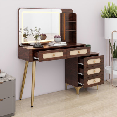 Table de maquillage rétro avec miroir et lumières, avec tiroirs en rotin et luminosité multimode