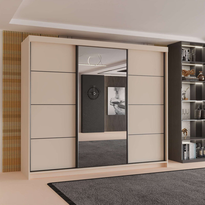 Modern 3 Door Sliding Wardrobe with Mirror, 250cm Large Bedroom Storage with 9 Shelves & Hanging Rail - White, Oak Sonoma, Cashmere, Artisan