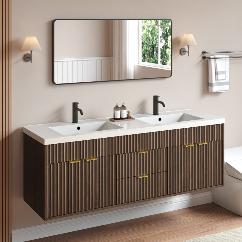 Adonia 60'' Bathroom Vanity With Double SMC Sink,Bathroom Cabinet With Drawers,Wall-mounted, Brown