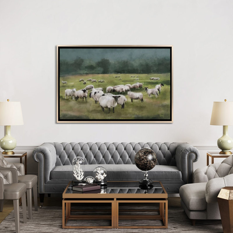 Moody Sheepscape, H 40 po x l 60 po x P 1,5 po, Pas de tapis, Toile encadrée champagne