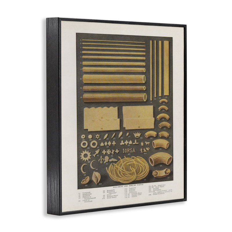 Diverses formes de pâtes, estampe numérique rétro, design par Phillipa Katz, H 14 po x l 11 po, Giclée encadrée noir minuit