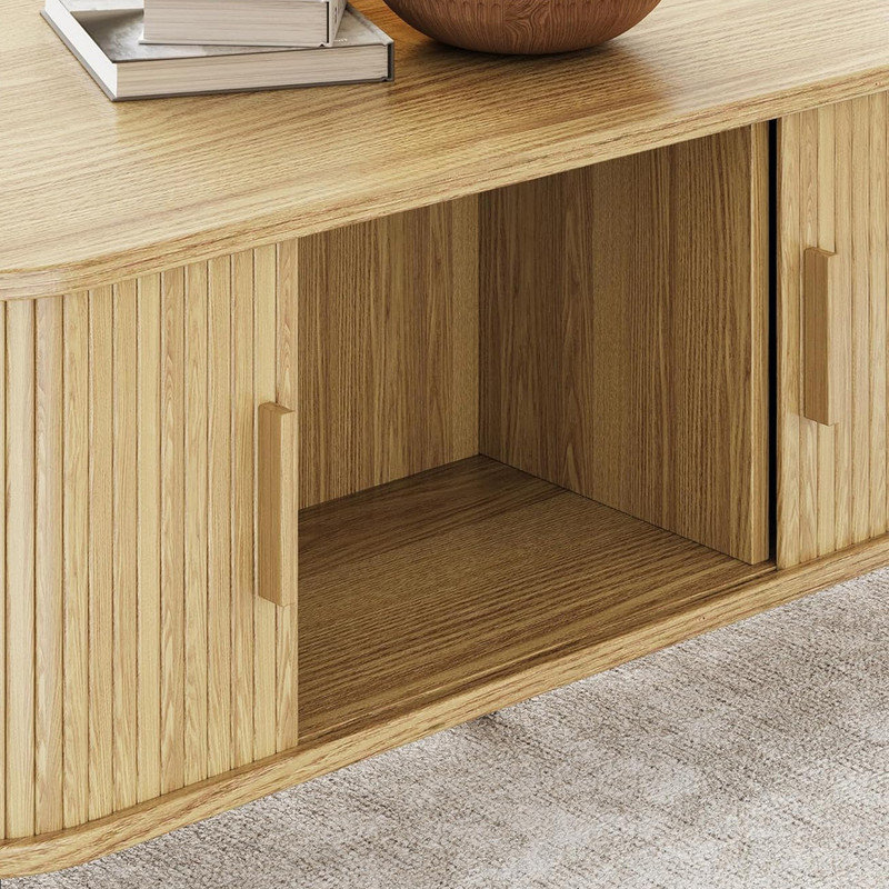 Oak Rectangular Wood Coffee Table with Sliding Tambour Door and Storage