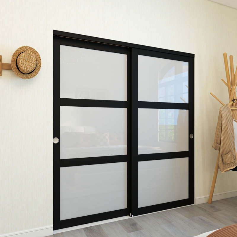 Portes de placard coulissantes à noyau solide en verre peint noir 72 po x 80 po 3 pièces avec quincaillerie, 72 po x 80 po