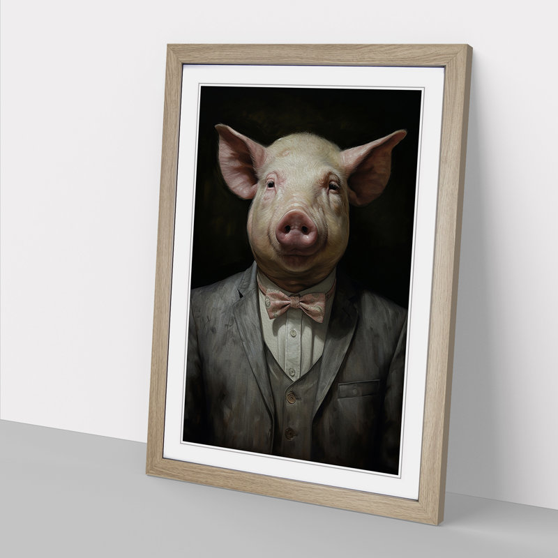 Pig Contemporary - Single Picture Frame Print on Wood, Oak, 64cm H x 46cm W x 2cm D