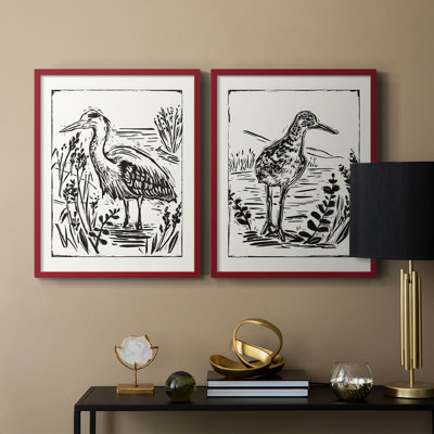 Linocut style Seabird I-Premium, reproduction encadrée prête à accrocher - aucun clou requis - aucun clou requis