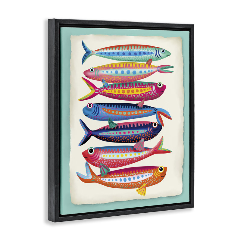  Art mural sur toile de sardines multicolores par Darlene Seale, H 21 po x l 17 po, Cadre flottant noir de jais