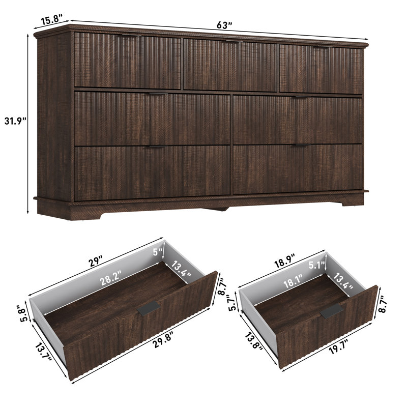 Commode à 7 tiroirs cannelée, commode moderne de 63 po de largeur pour chambre à coucher, Brun
