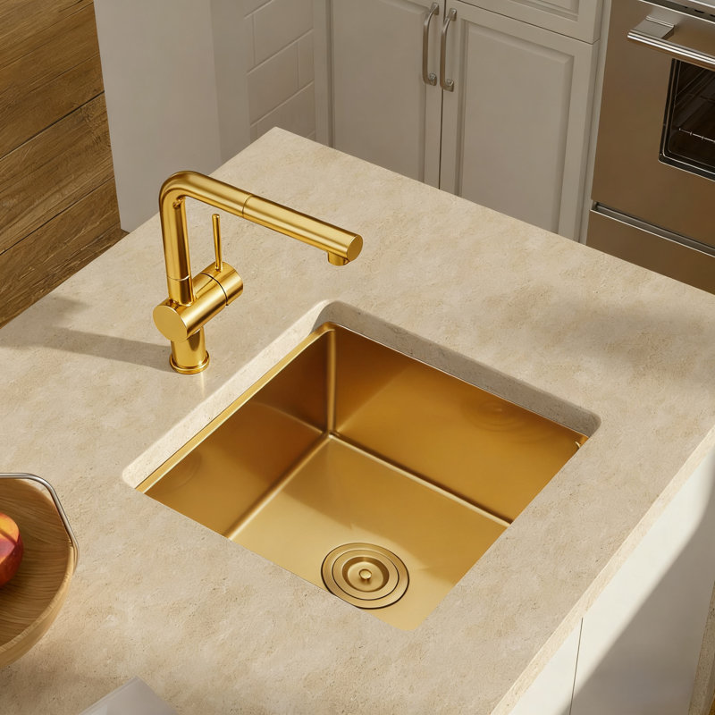 Square Undermount 17" L X 17" Gold Stainless Steel Bar Prep Sink With Accessories