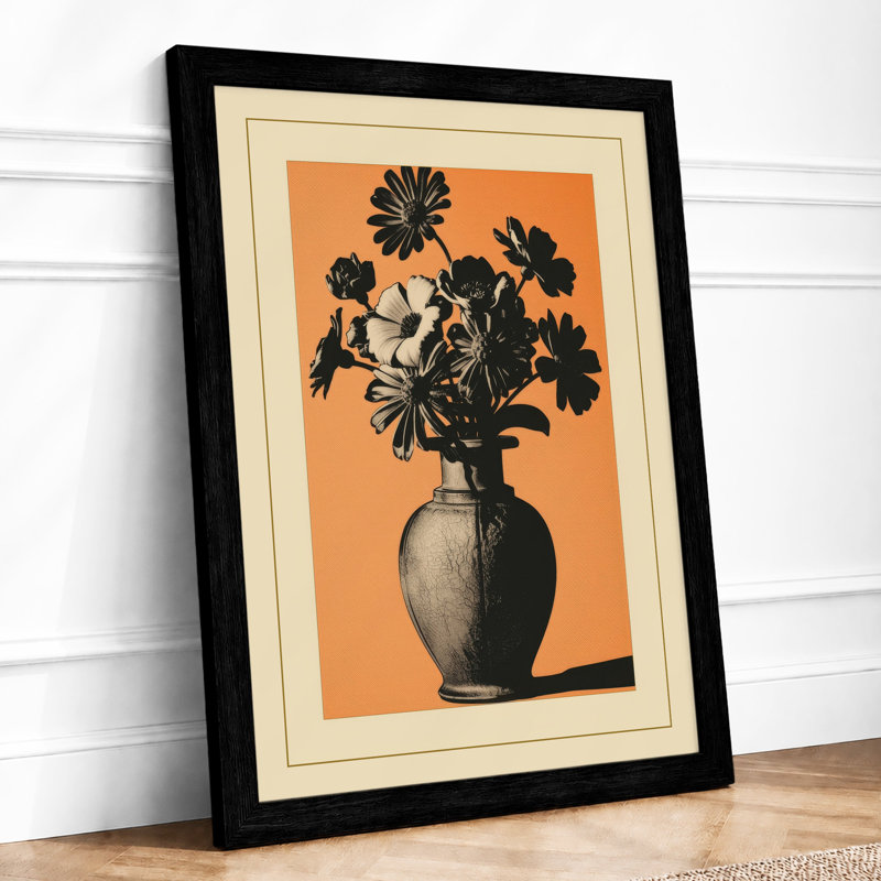 Geometric Floral Silhouette Art Deco - Framed Print, A2 - 59.4 x 42.0 cm, Black