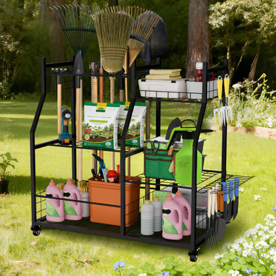 Heavy Duty Metal Freestanding Rolling Garage Tool Organizer Cart With Wheels For Power & Long Handled Tools