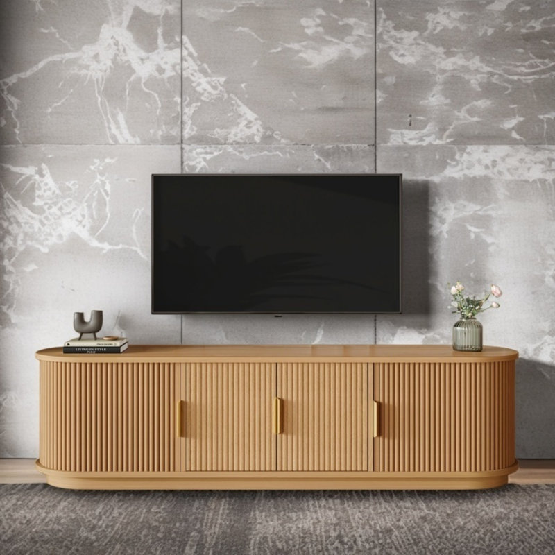 Meuble télé moderne avec portes tambour rondes, console média cannelée pour téléviseurs de 75 po, tablettes réglables et gestion des câbles, chêne