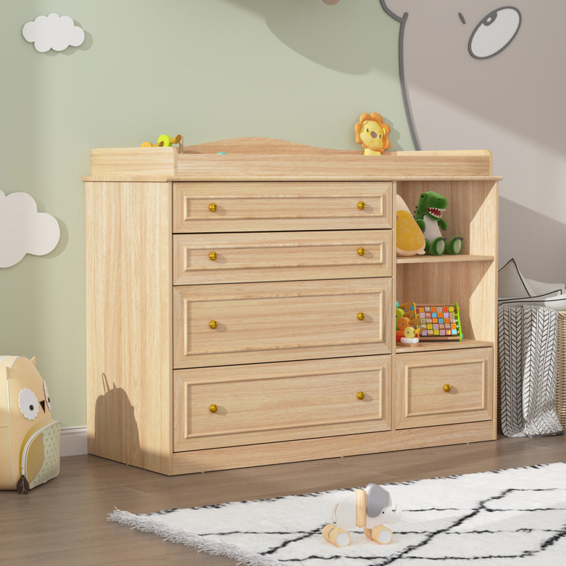 Commode à langer avec 5 tiroirs et 2 tablettes, 19.3"D x 47.2"W x 37"H, Bois naturel