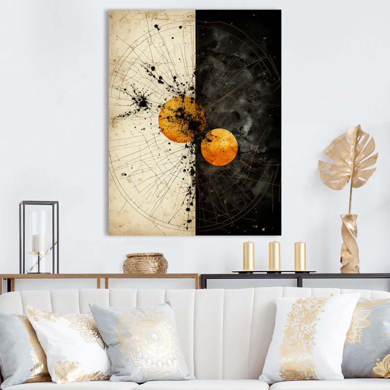 New Harmony circulaire abstrait jaune blanc noir - salon d'art moderne géométrique, H 32 po x l 16 po, Toile tendue