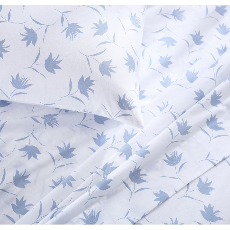 King Blue Floral Cotton Percale Sheet Set