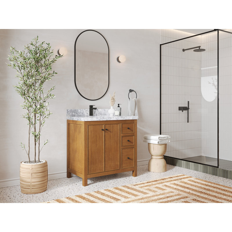 Meuble-lavabo simple 36 po avec plateau Chicago Teak, Calacatta Laza