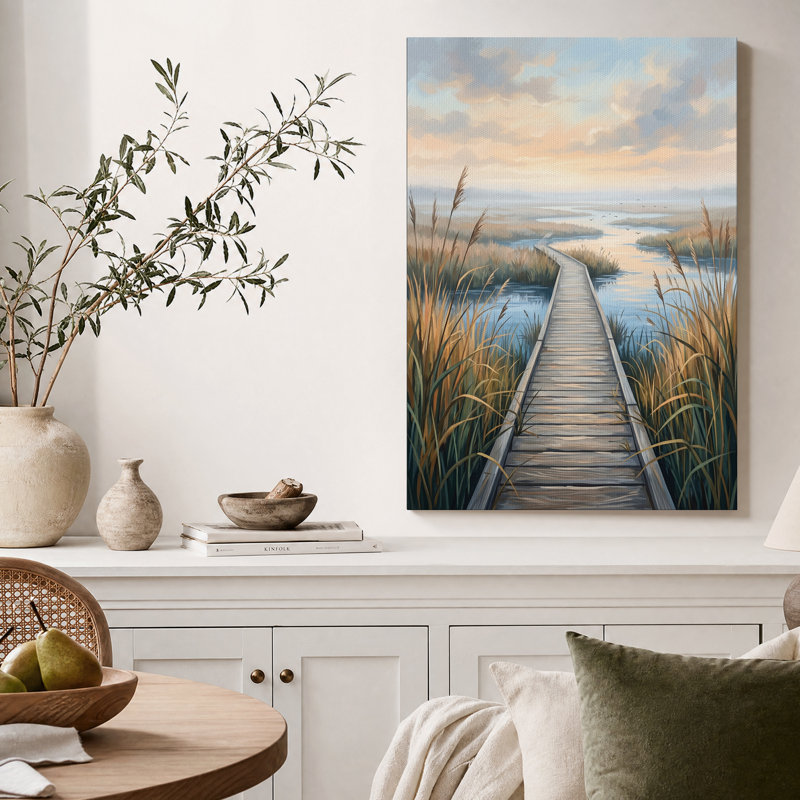 Art mural en bois, promenade en bois à travers les marais au coucher du soleil, 24"H x 18"W