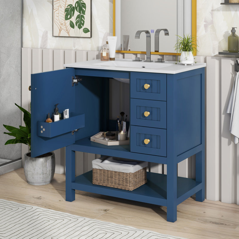 Nazhir Transitional Vanity Combo -30" Transitional Bathroom Cabinet with Ceramic Sink, Navy Blue
