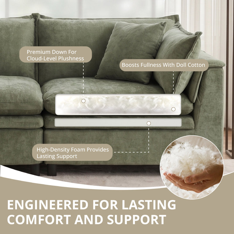 146'' Upholstered U-Shape Sectional Cloud Couch With Storage Ottoman, Avocado Green Chenille