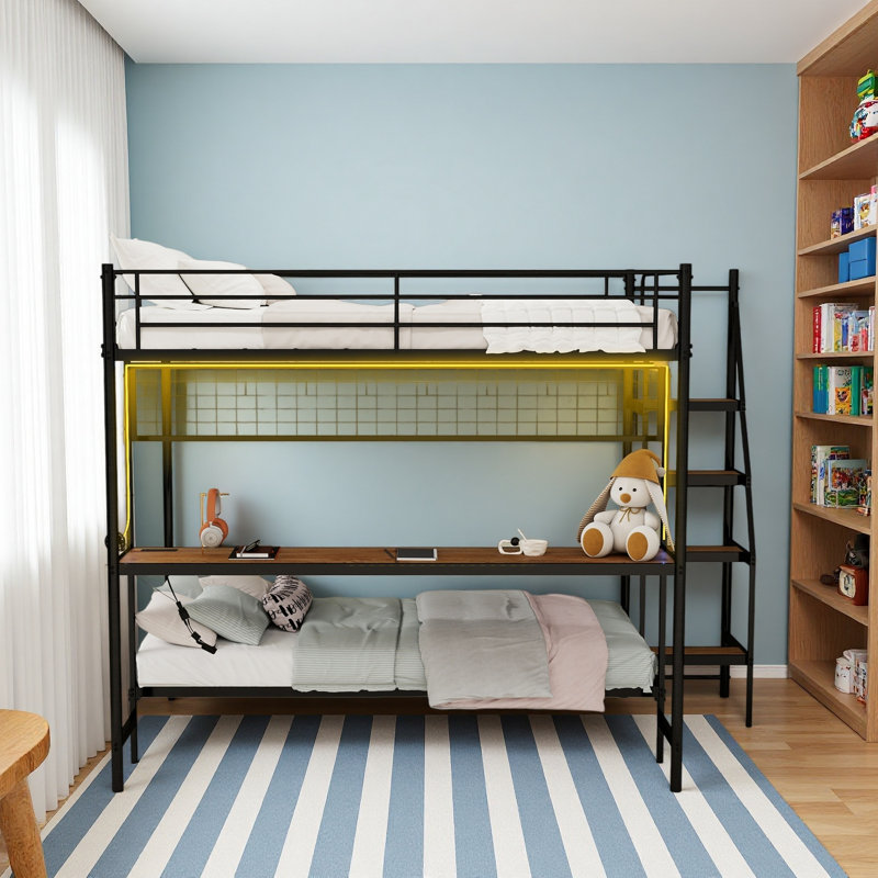 Full Over Twin Metal Bunk Bed With Built-In Desk And LED Lighting – Space-Saving Loft Design For Kids & Teens, Sturdy Frame, Easy Assembly