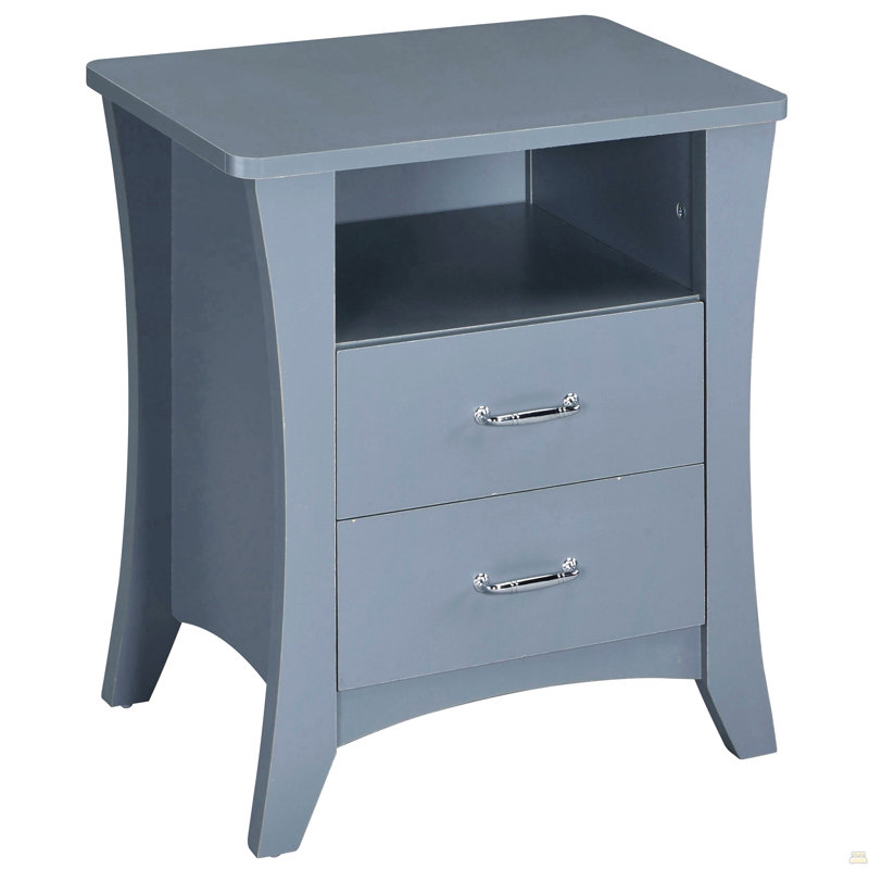 Table de chevet grise avec 2 tiroirs et tablettes ouvertes