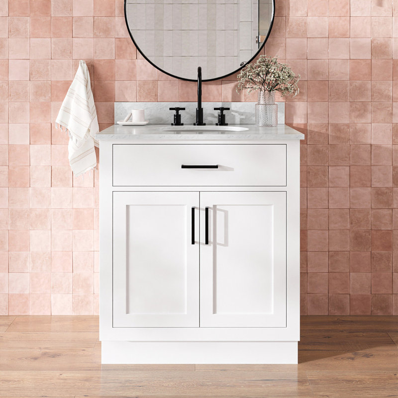 Jameal 30'' Solid Wood Single Bathroom Vanity with 0.75'' Carrara Marble Top, White, Oval