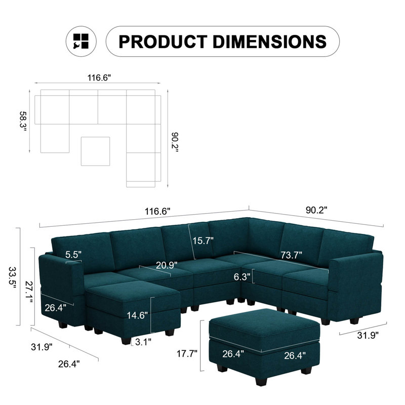 Kimbrel 116.6" Wide Reversible Modular Corner Sectional with Ottoman, Peacock Blue 100% Polyester