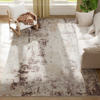 Area Rug, Machine Washable Rug, Distressed Non-Slip Modern Abstract Floor Cover Foldable Carpet for Living Room, Bedroom, Dining Room, Mixed-Brown