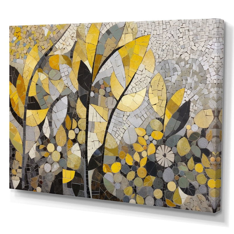 Begie, motifs jaunes et gris en fusion artistique - art mural mosaïque bohème, Toile tendue, Sans cadre, H 24 po x l 32 po