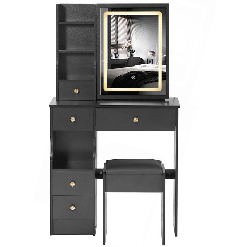 29.2" Small Size Left Drawer Desktop Vanity Table + Cushioned Stool,2 AC+2 USB Power Station,Hair Dryer Bracket,Extra Large Touch Control Sliding LED Mirror,Tri-Color Switching,Brightness Adjust