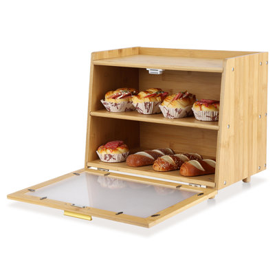 Double Layer Wooden Food Container for Kitchen Countertop – Large Capacity Food Storage with Window – Natural Wooden Bread Keeper for Homemade Bread, Rolls, Muffins – Primary Color