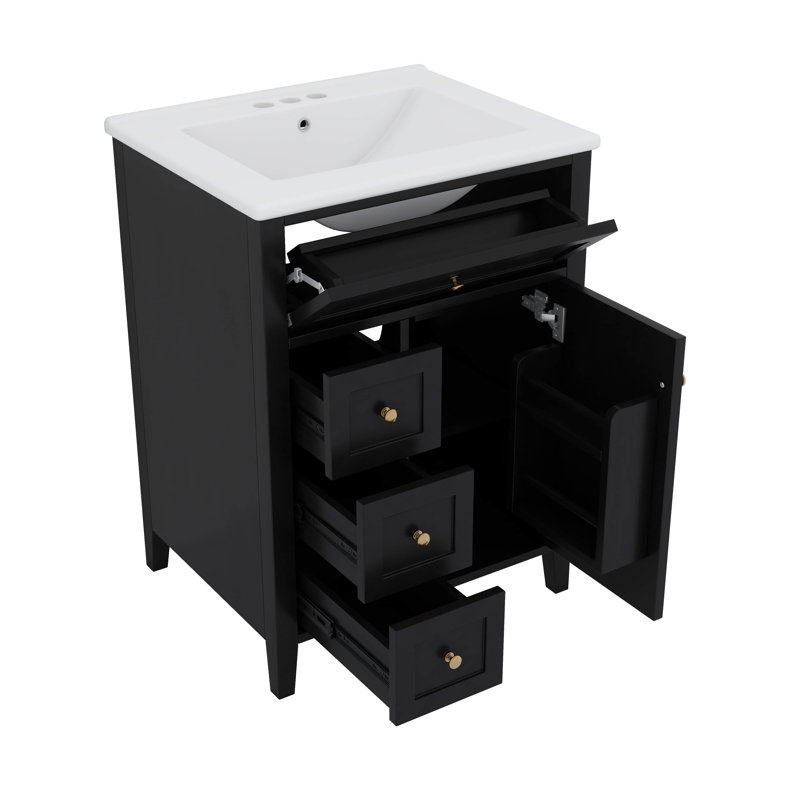 Meuble-lavabo 24 po avec lavabo supérieur, tiroirs et tiroir rabattable, tablette réglable, Noir et or