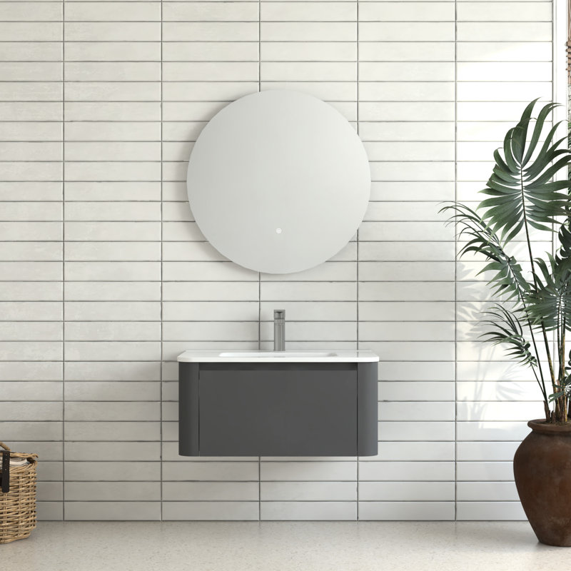 Meuble-lavabo mural de 30 po de couleur grise avec lavabo en céramique blanche sans couture, conception flottante élégante, 45 poignées en angle, tiroir à fermeture en douceur, finition usée, espace de rangement spacieux, style européen intégré