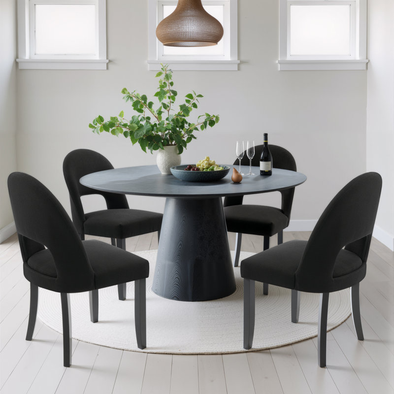 Linen Upholstered Dining Chairs with Curved High Back and Solid Wood Legs, 4, Black/Black