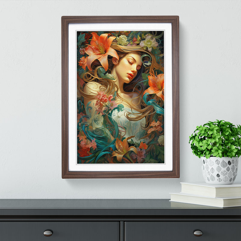 Lily Flower Rococo - Single Picture Frame Print on Wood, Walnut Framed, 34cm H x 25cm W x 2cm D